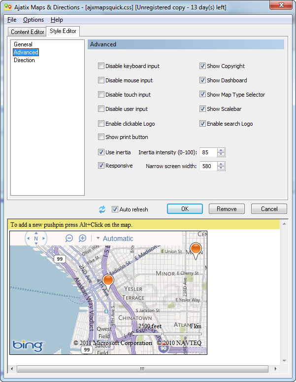 Bing maps advanced settings