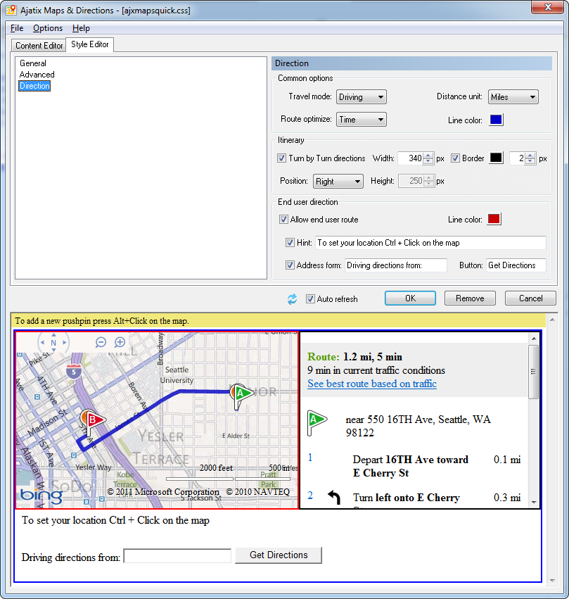 Directions settings